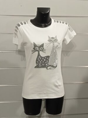 T-shirt femme, top femme, manches courtes ajourées, logo chats en strass