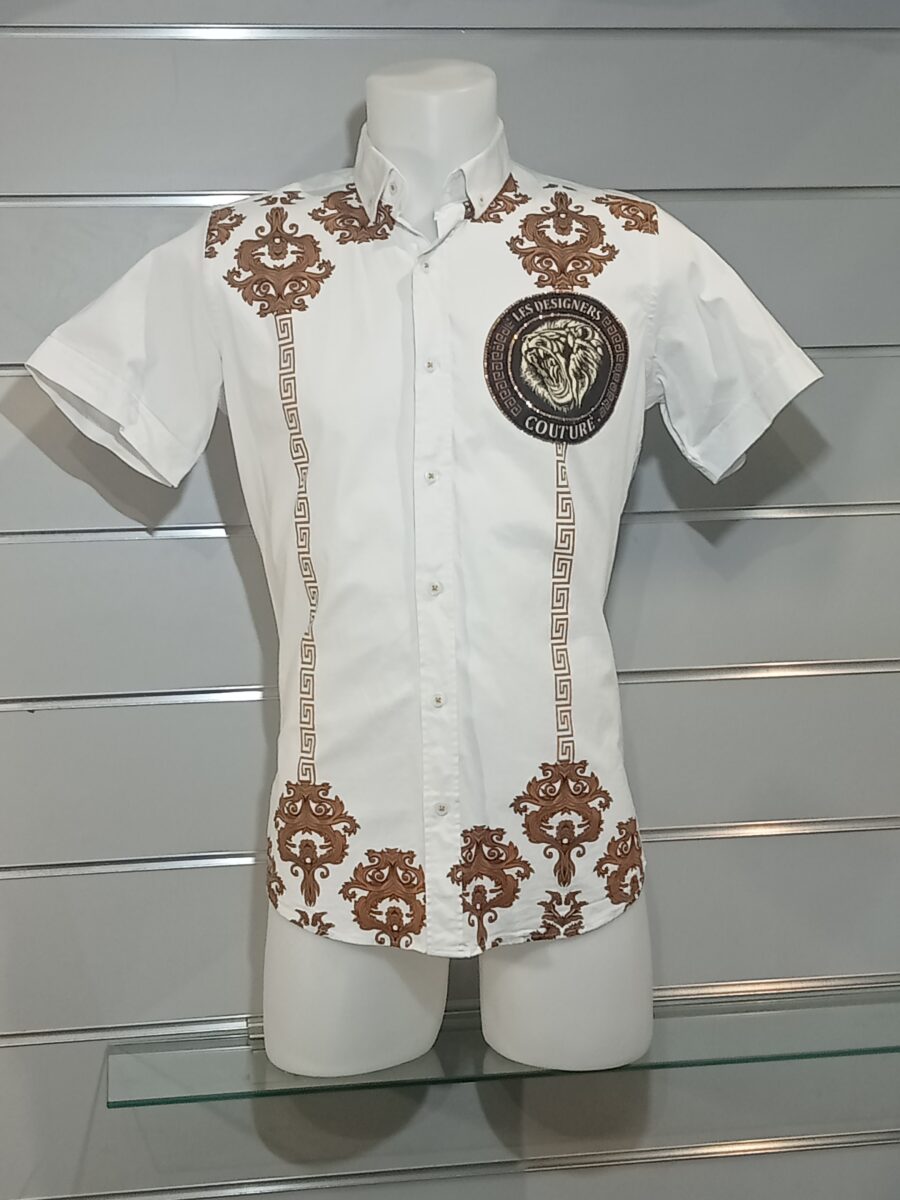 Chemisette Homme, Chemise Les Designers Couture, Imprimé Doré, Tête de lion, Manches courtes, Blanc