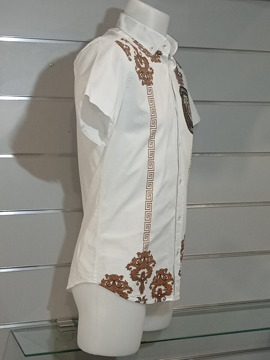 Chemisette Homme, Chemise Les Designers Couture, Imprimé Doré, Tête de lion, Manches courtes, Blanc