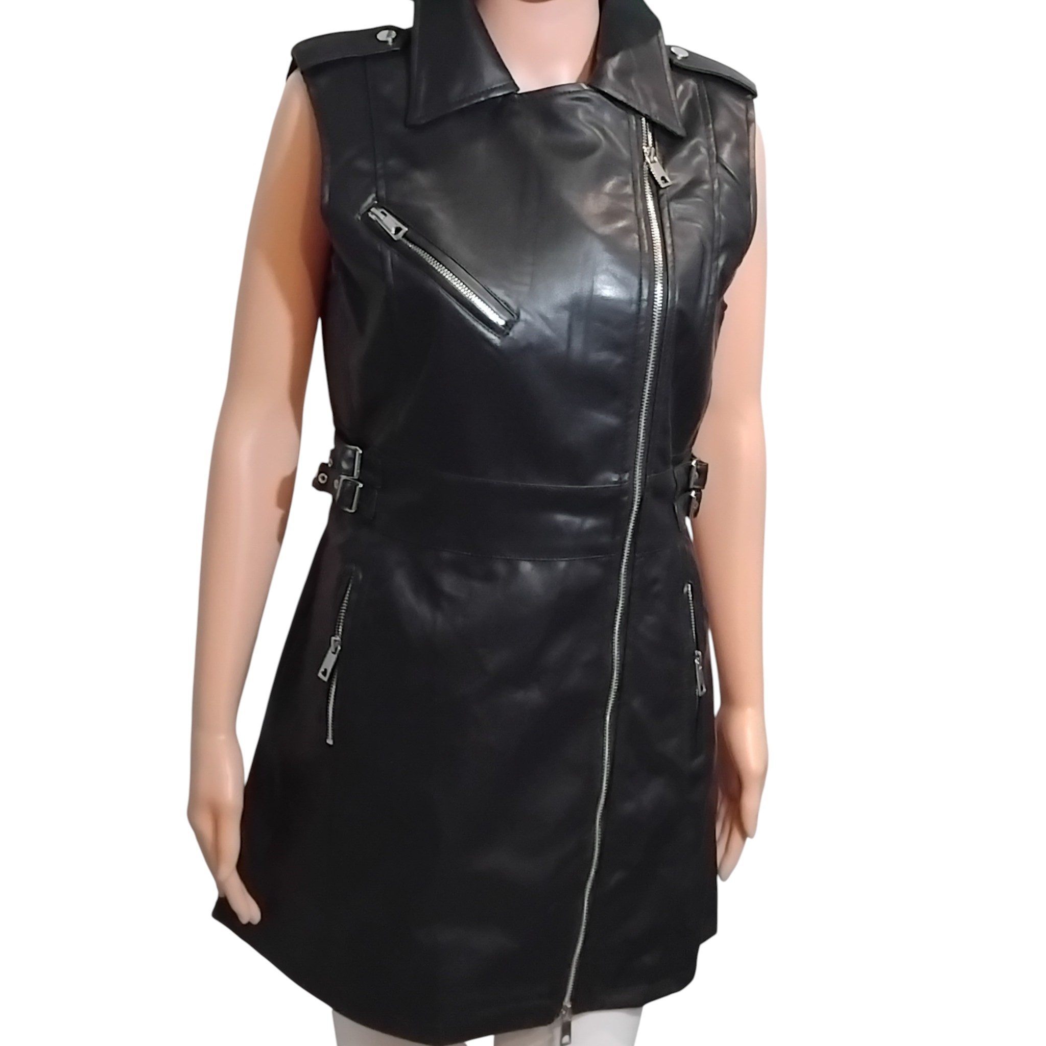 Robe perfecto en simili cuir, col à revers, poche et fermetures zippées, coupe ample