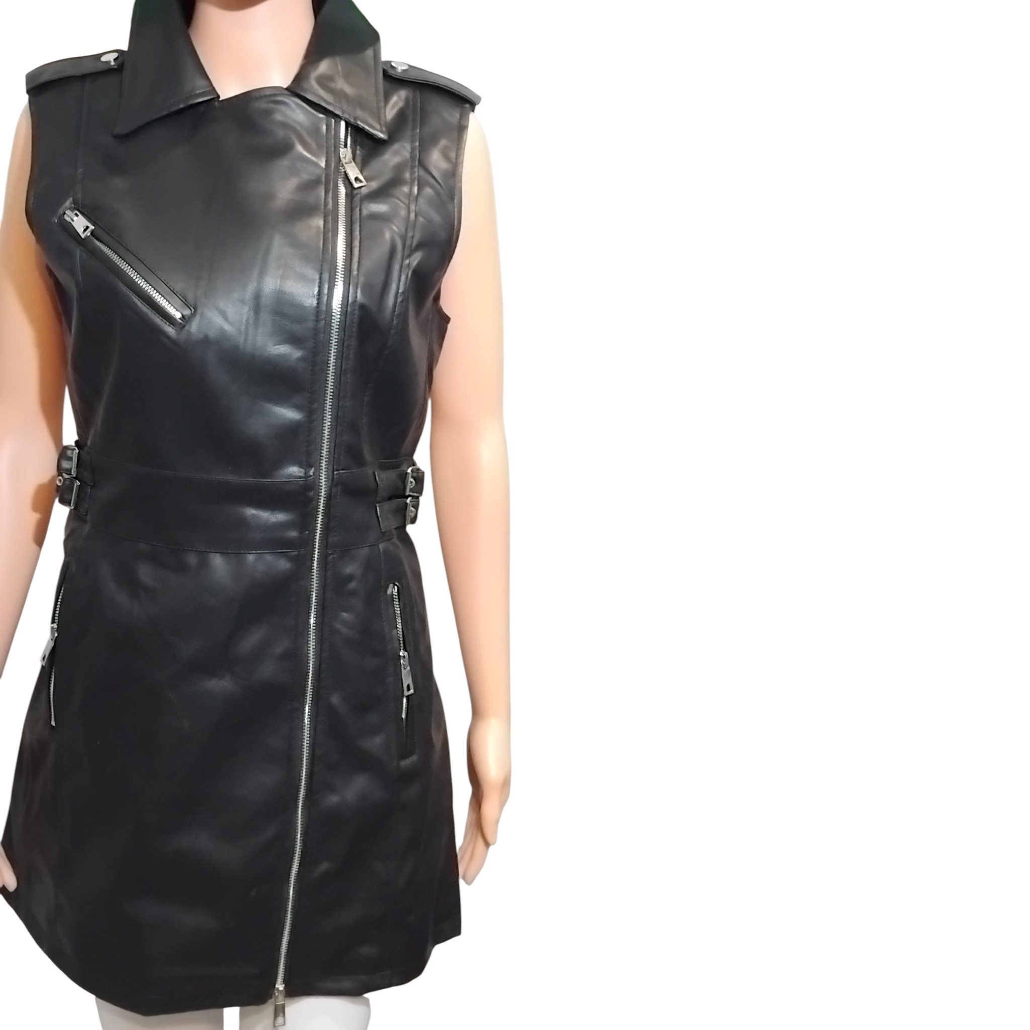 Robe perfecto en simili cuir, col à revers, poche et fermetures zippées, coupe ample