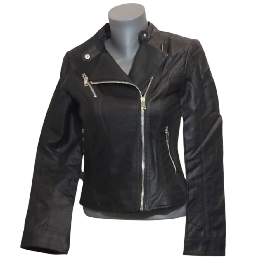 Veste femme, perfecto en cuir synthétique, col à revers, poche poitrine, fermeture à zip