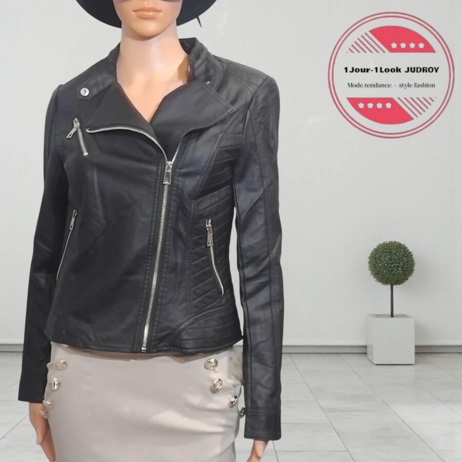 Veste femme, perfecto en cuir synthétique, col à revers, poche poitrine, fermeture à zip – Image 3