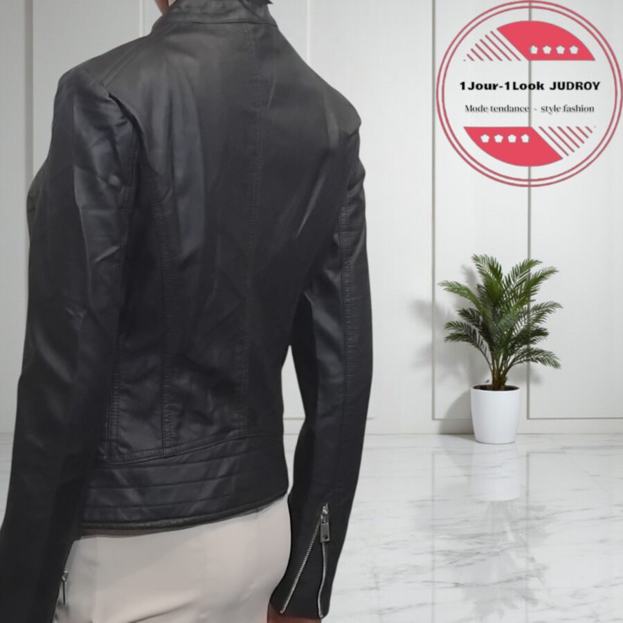 Veste femme, perfecto en cuir synthétique, col à revers, poche poitrine, fermeture à zip – Image 5