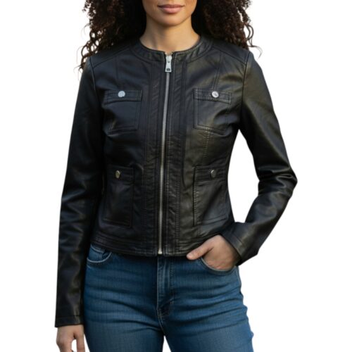 Veste femme, veste saharienne en simili cuir, col rond