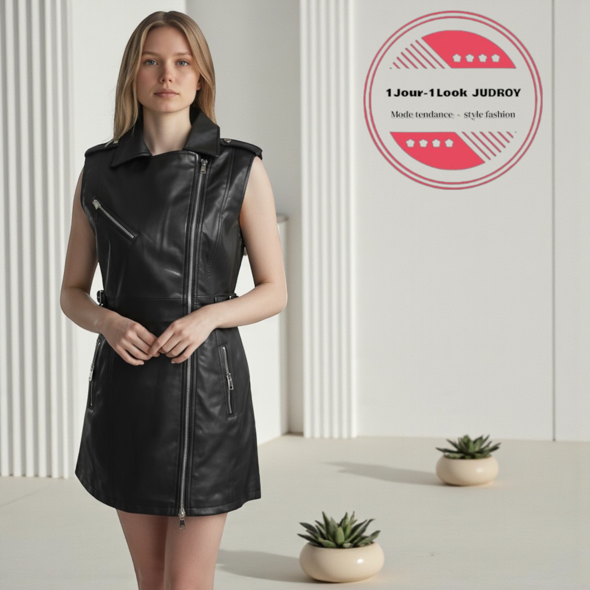 Robe perfecto en simili cuir, col à revers, poche et fermetures zippées, coupe ample