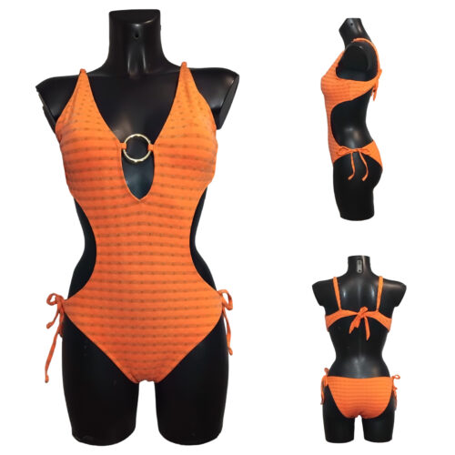 Bikini Maillot de bain Femme,1 pièce, dos nu, anneau doré, couleur orange