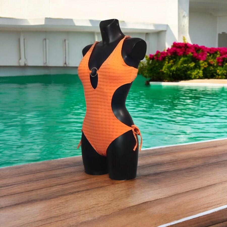 Bikini Maillot de bain Femme,1 pièce, dos nu, anneau doré, couleur orange