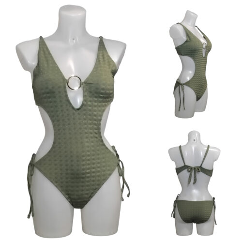 Bikini Maillot de bain Femme,1 pièce, dos nu, anneau doré , couleur kaki