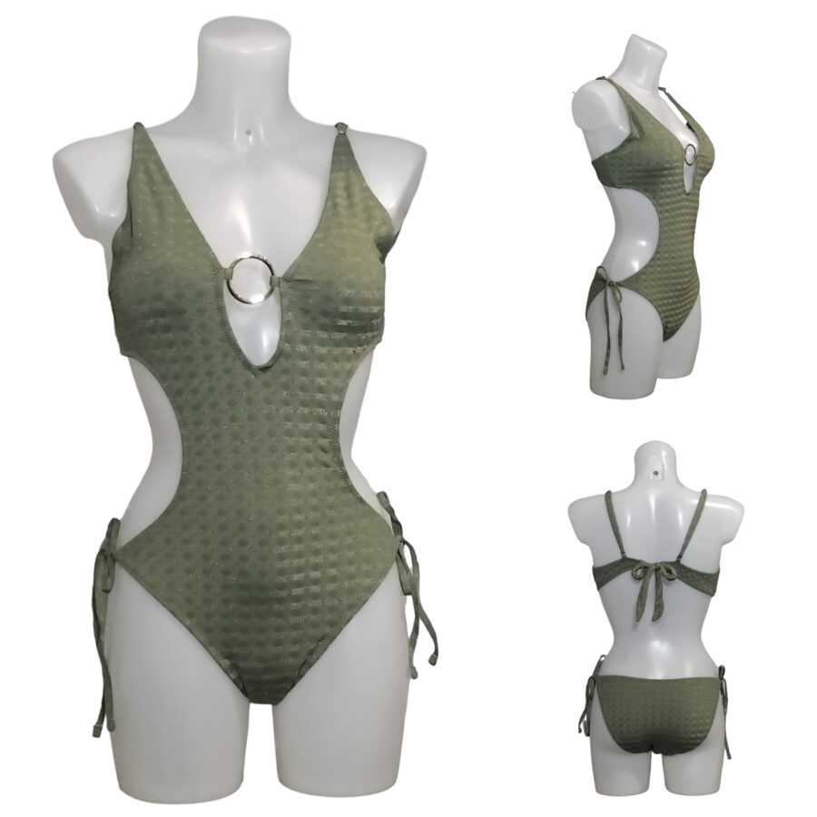 Bikini Maillot de bain Femme,1 pièce, dos nu, anneau doré , couleur kaki
