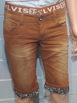 Bermuda Homme, short jean stretch, ourlets imprimés, JAYLVIS, marron