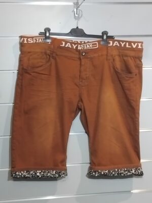 Bermuda Homme, short jean stretch, ourlets imprimés, JAYLVIS, marron