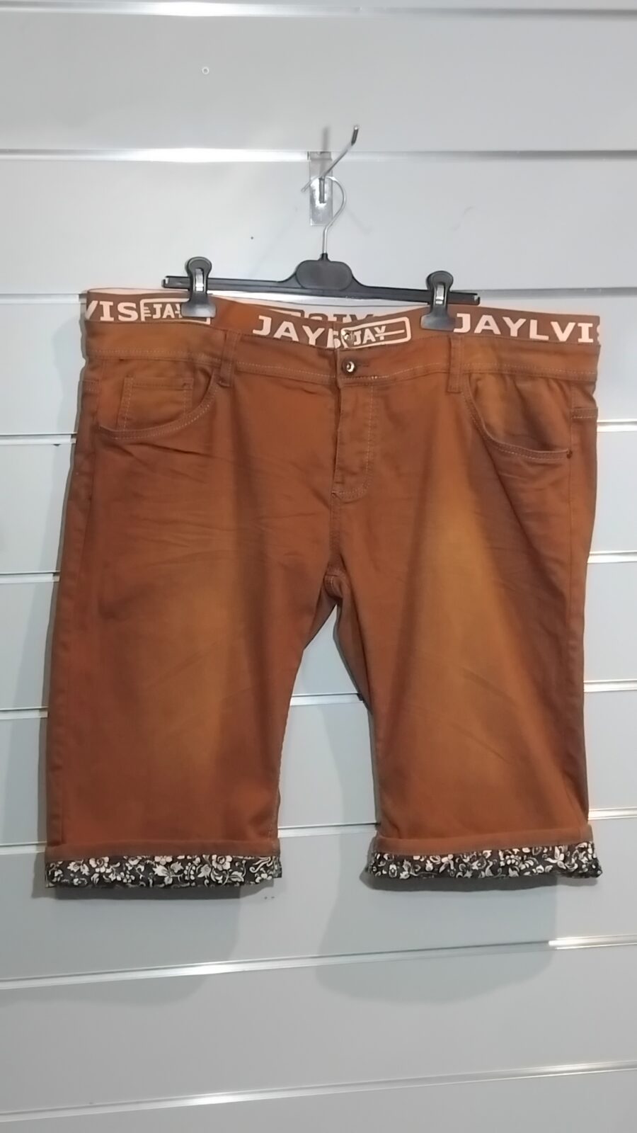 Bermuda Homme, short jean stretch, ourlets imprimés, JAYLVIS, marron