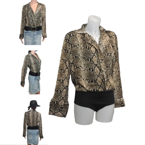 Body chemisier Femme, aspect peau de serpent "snake skin", col blazer, bas noir