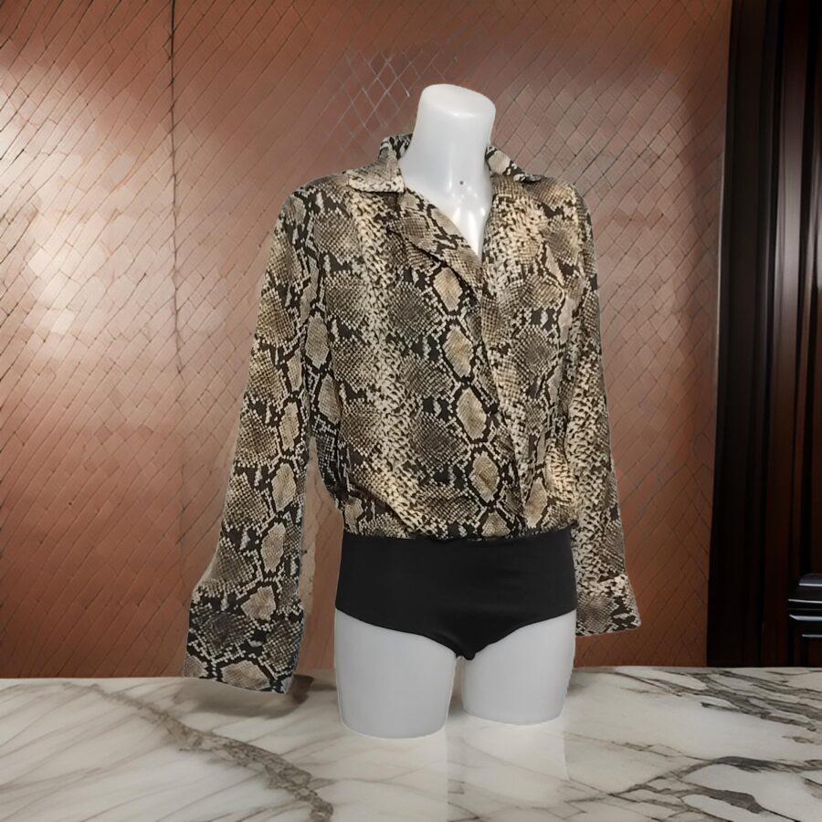 Body chemisier Femme, aspect peau de serpent "snake skin", col blazer, bas noir