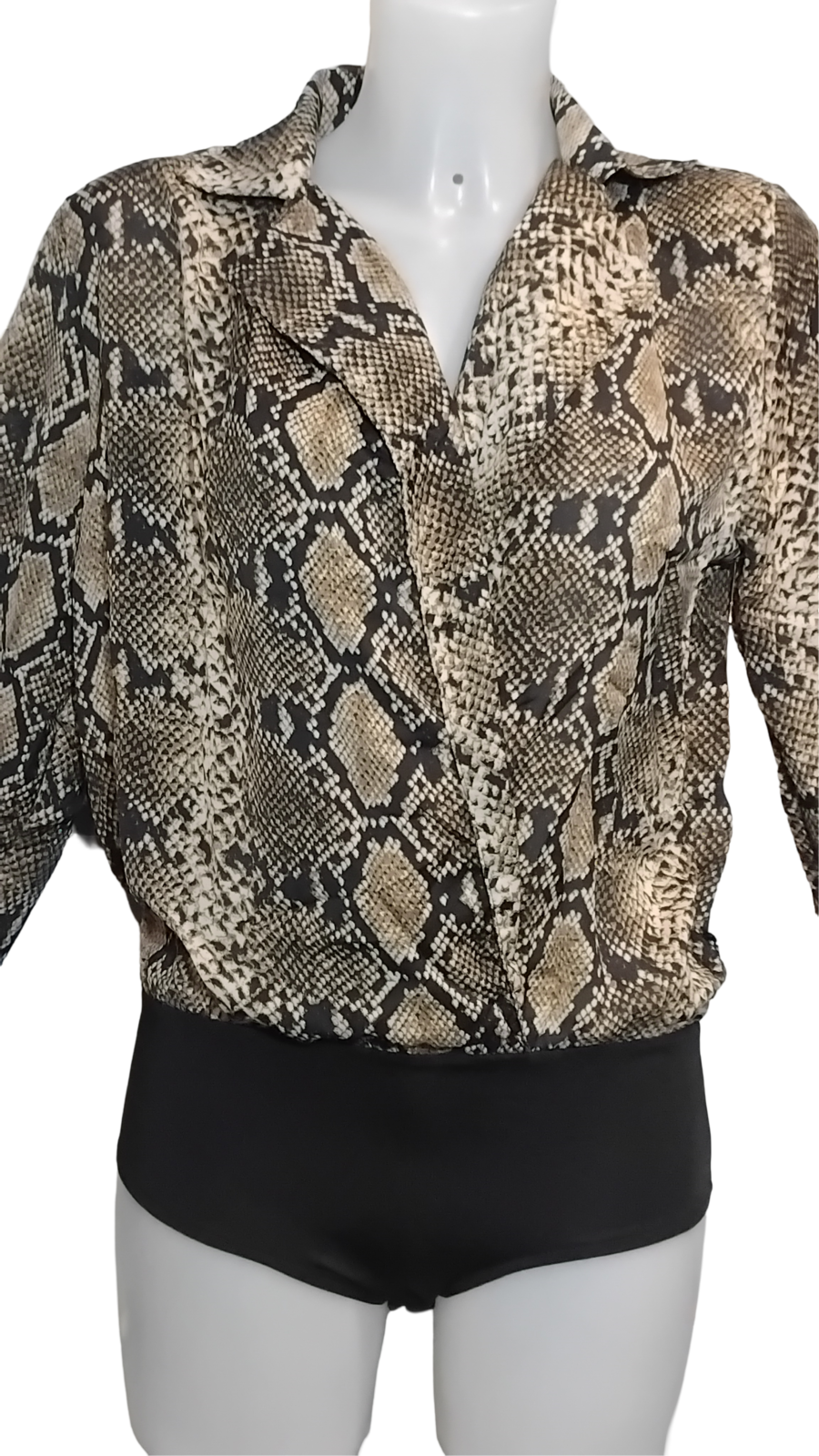 Body chemisier Femme, aspect peau de serpent "snake skin", col blazer, bas noir