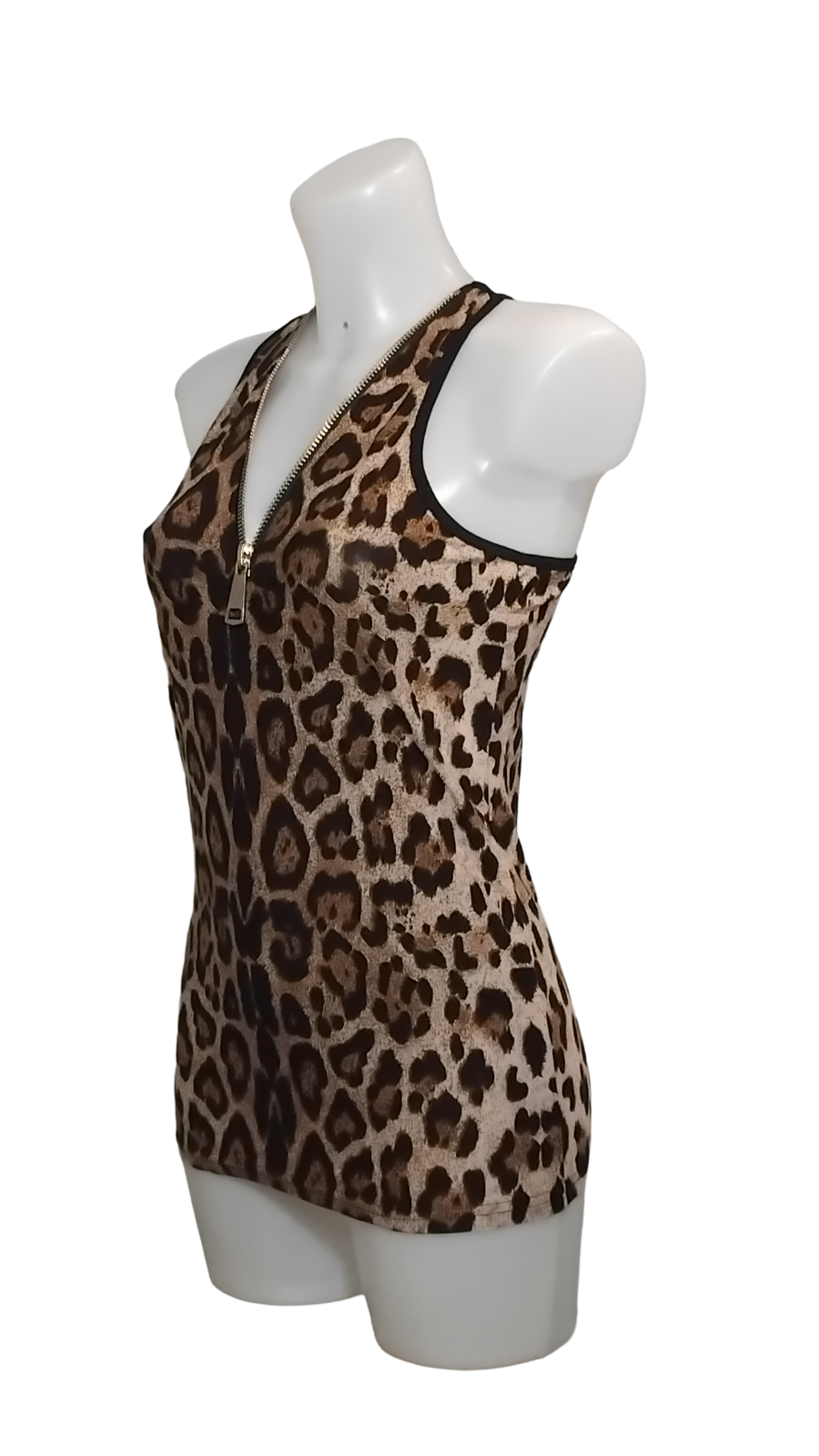 Dédardeur femme, top sans manches imprimé léopard, col zippé, marron et beige