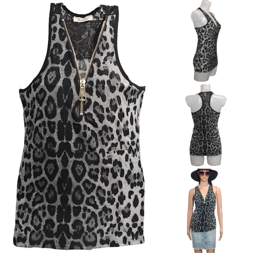 Dédardeur femme, top sans manches imprimé léopard, col zippé, noir et gris