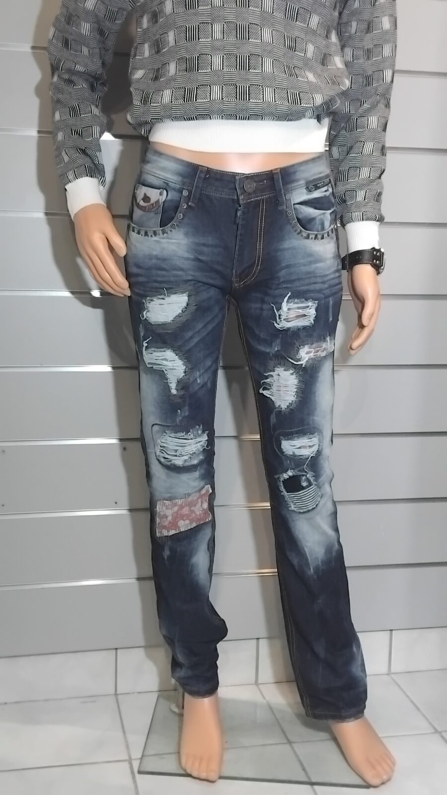 Pantalon Homme, Jean déchiré, destroy, à empiècement, fermeture à zip