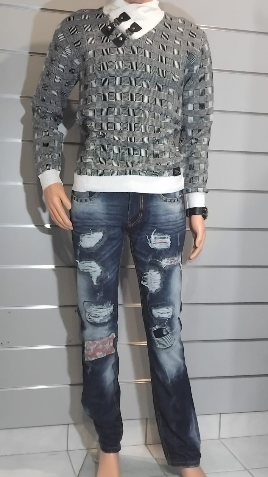 Pantalon Homme, Jean déchiré, destroy, à empiècement, fermeture à zip