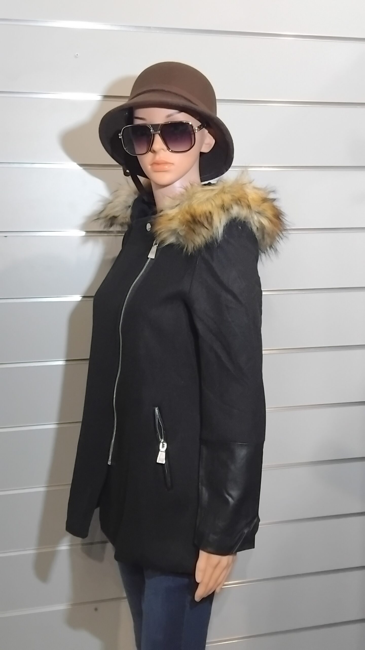 Parka pour Femme, Parka semi similicuir, Fermeture asymétrique, Capuche avec fourrure synthétique