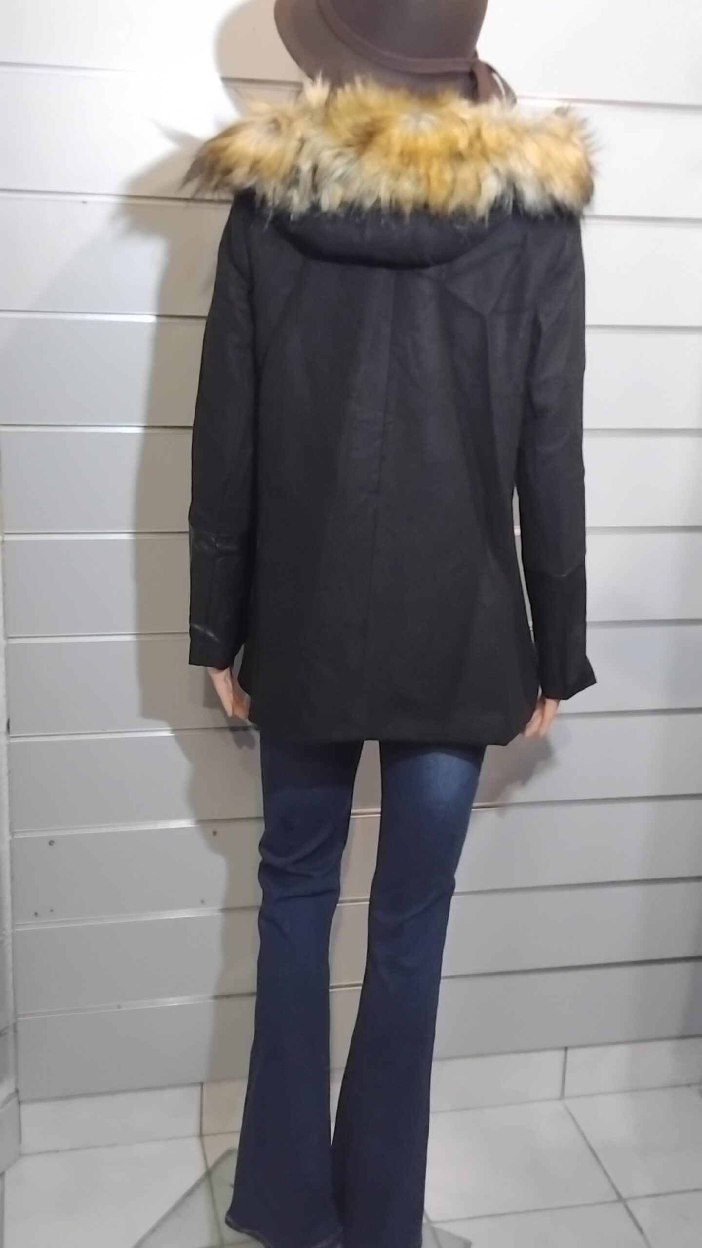 Parka pour Femme, Parka semi similicuir, Fermeture asymétrique, Capuche avec fourrure synthétique