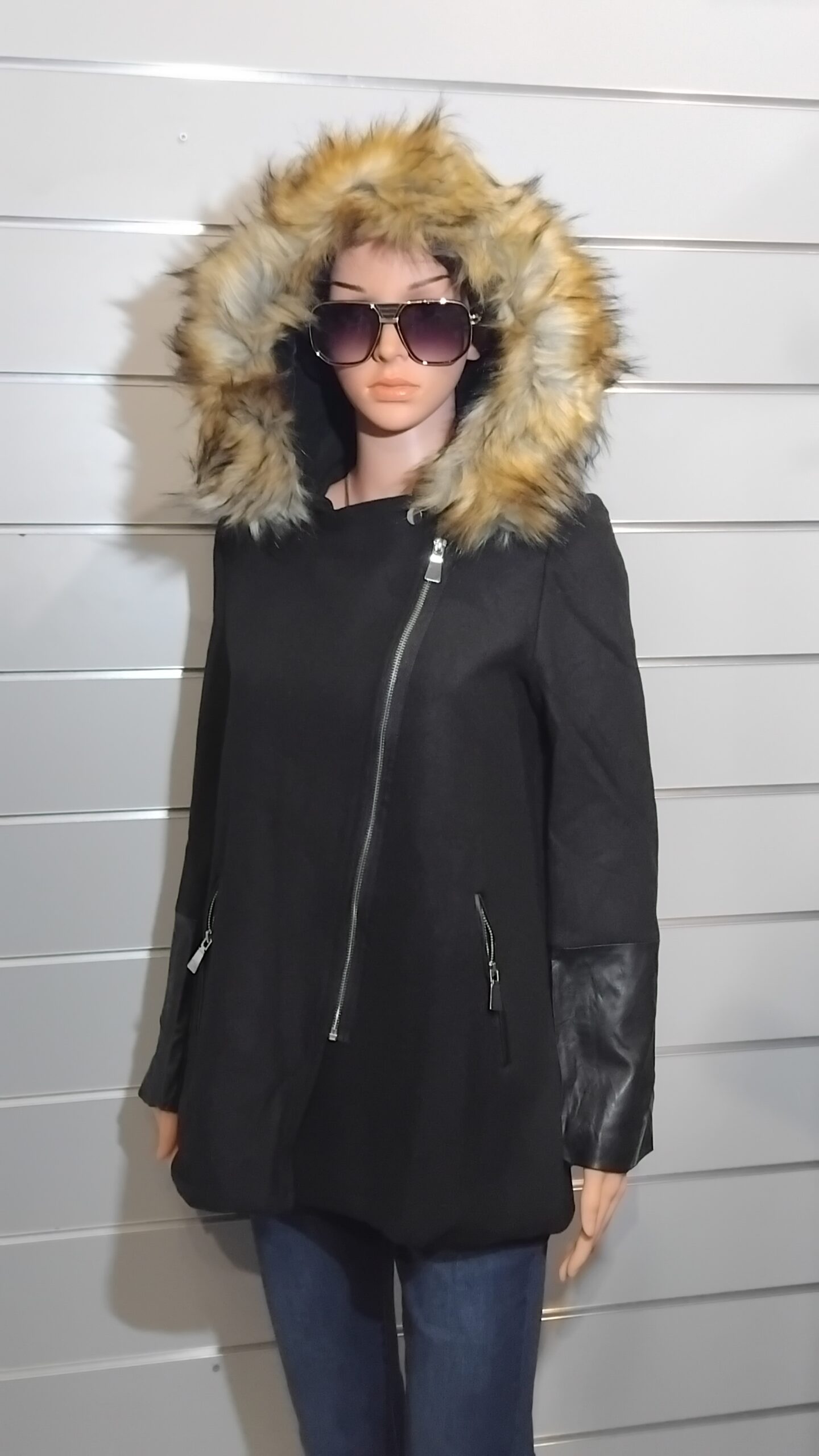 Parka pour Femme, Parka semi similicuir, Fermeture asymétrique, Capuche avec fourrure synthétique
