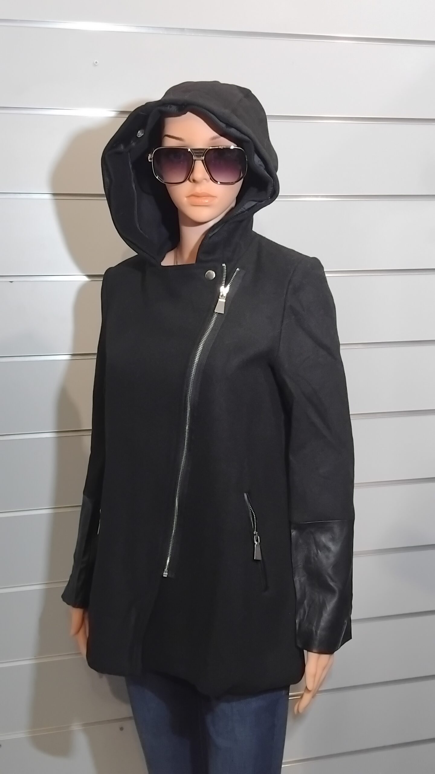 Parka pour Femme, Parka semi similicuir, Fermeture asymétrique, Capuche avec fourrure synthétique