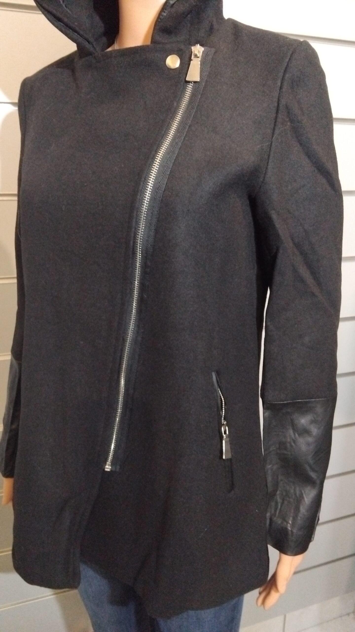 Parka pour Femme, Parka semi similicuir, Fermeture asymétrique, Capuche avec fourrure synthétique