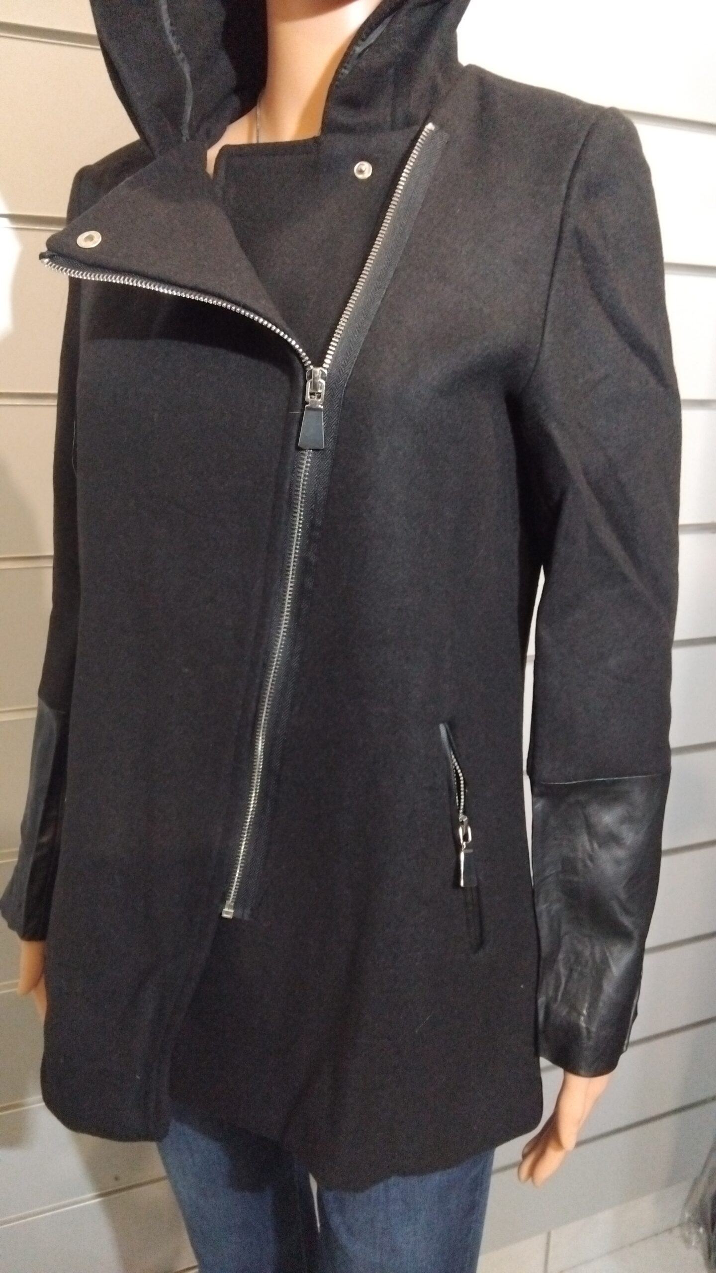 Parka pour Femme, Parka semi similicuir, Fermeture asymétrique, Capuche avec fourrure synthétique