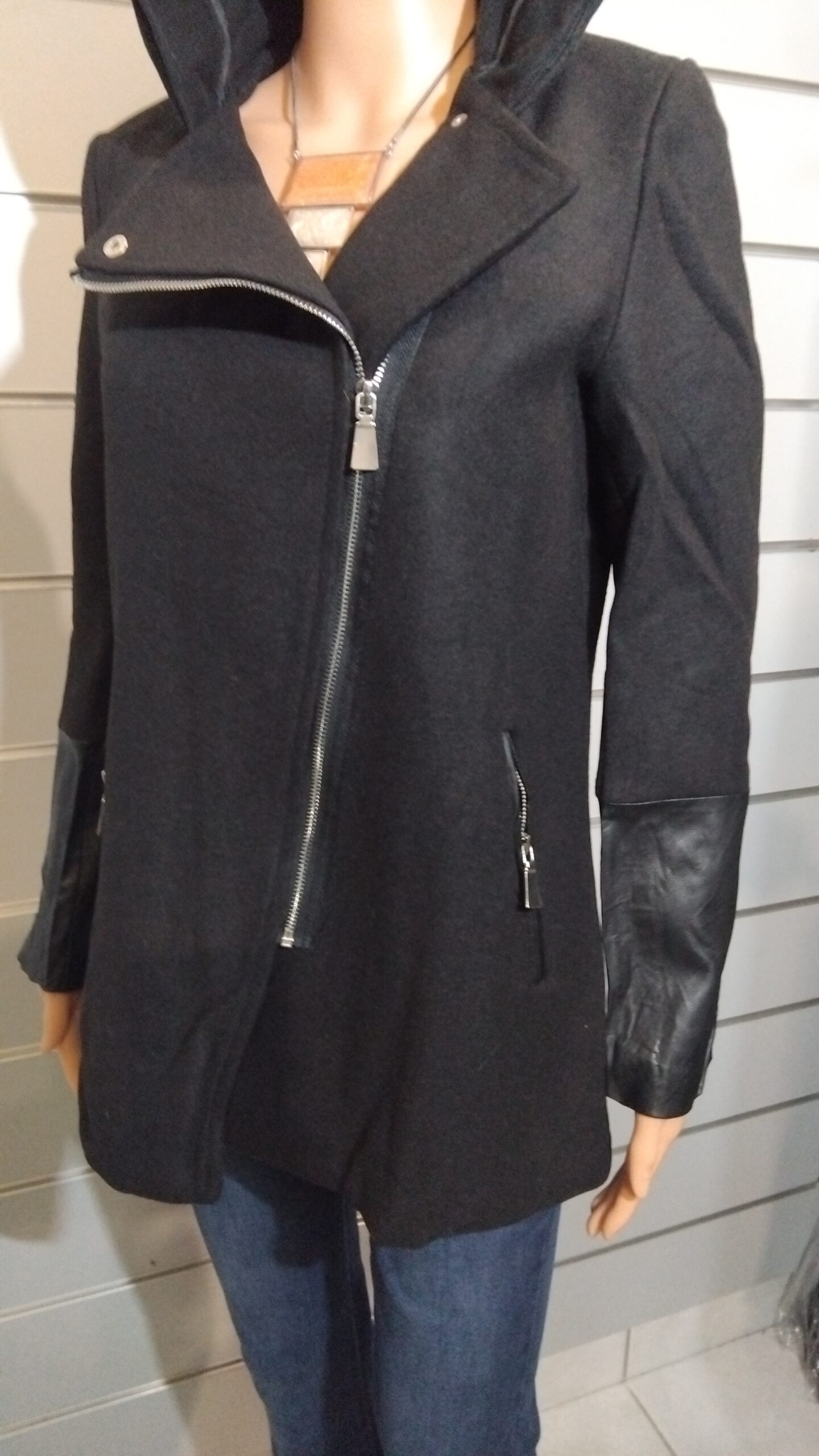 Parka pour Femme, Parka semi similicuir, Fermeture asymétrique, Capuche avec fourrure synthétique