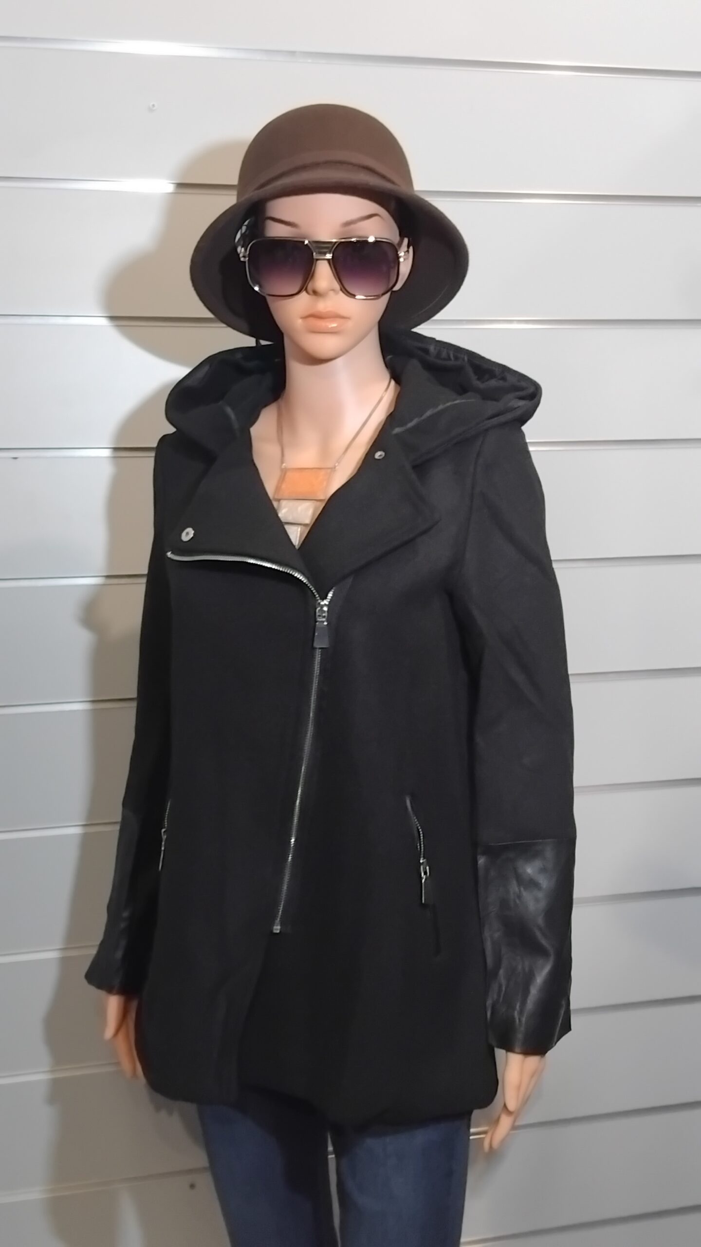 Parka pour Femme, Parka semi similicuir, Fermeture asymétrique, Capuche avec fourrure synthétique