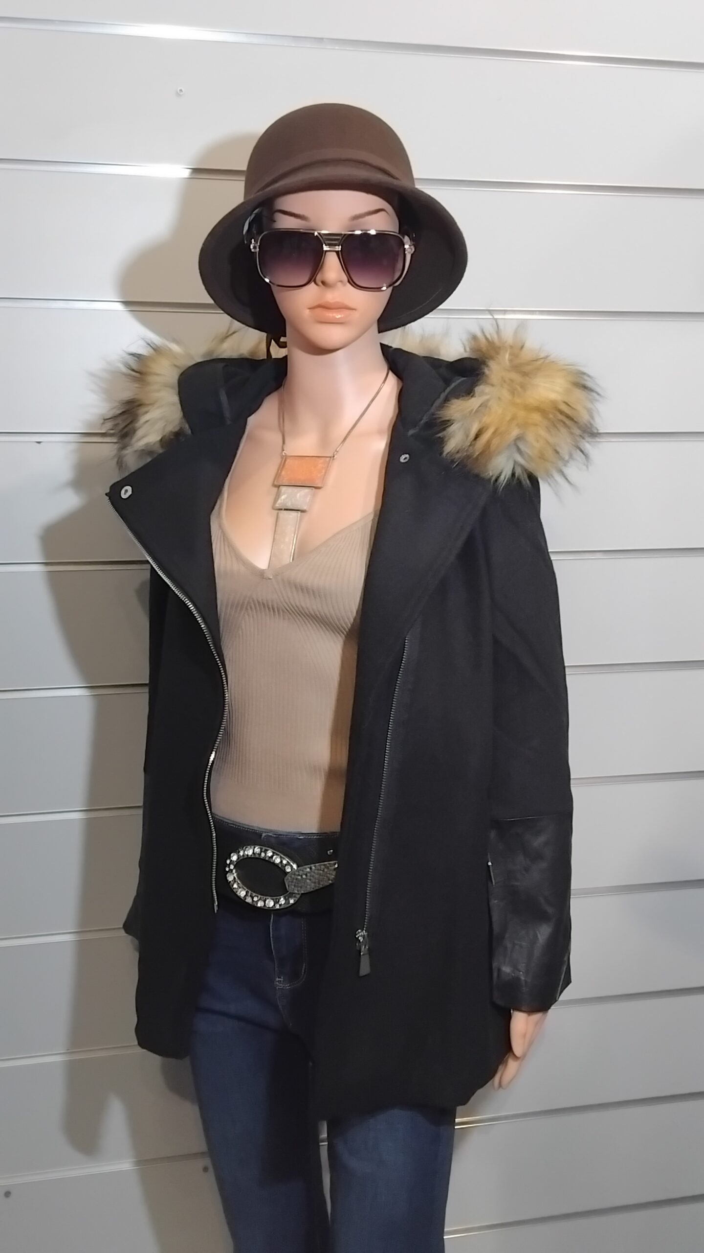 Parka pour Femme, Parka semi similicuir, Fermeture asymétrique, Capuche avec fourrure synthétique