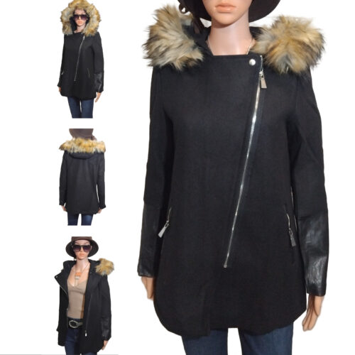 Parka pour Femme, Parka semi similicuir, Fermeture asymétrique, Capuche avec fourrure synthétique