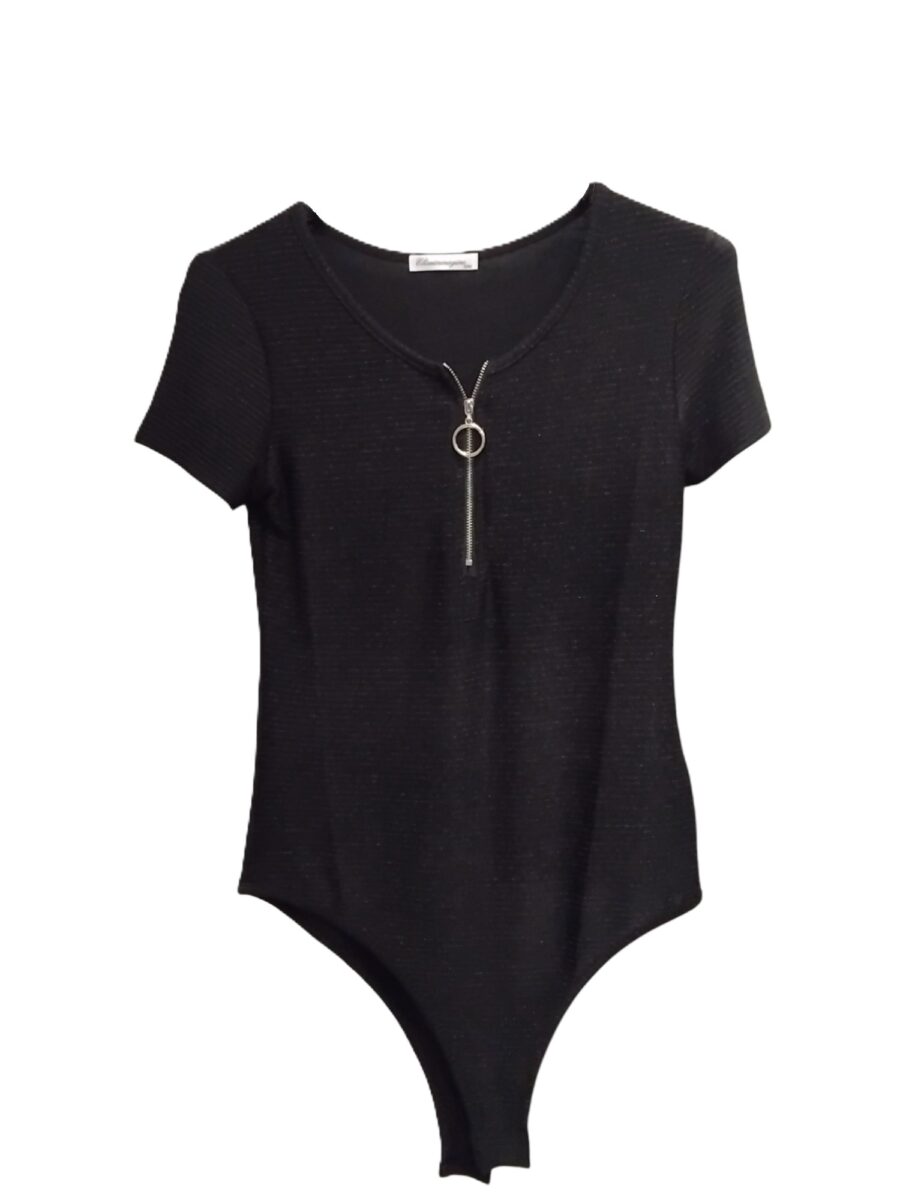 Body T-shirt Femme, Bodysuit, Jumpsuit, Top à manches courtes, col zippé, strass et paillettes, Noir