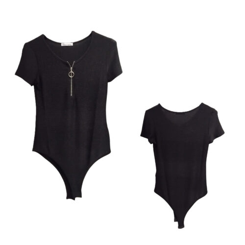 Body T-shirt Femme, Bodysuit, Jumpsuit, Top à manches courtes, col zippé, strass et paillettes, Noir