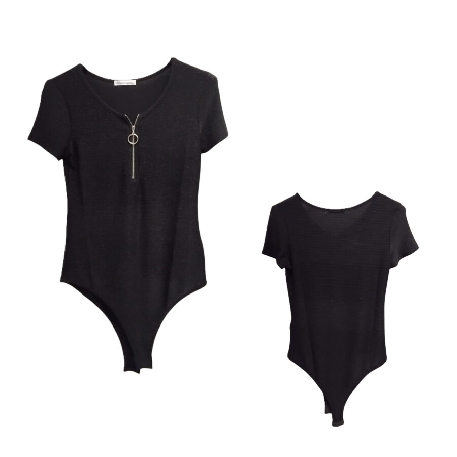Body T-shirt Femme, Bodysuit, Jumpsuit, Top à manches courtes, col zippé, strass et paillettes, Noir