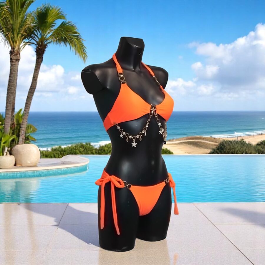 Maillot de bain Femme, bikini 2 pièces, bijou poitrine, logo étoile de mer, orange