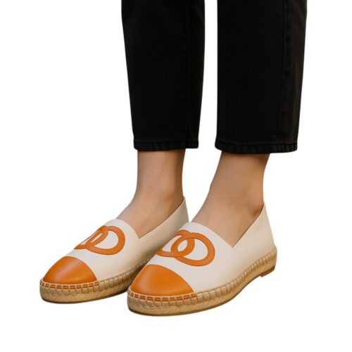 Chaussures Femme, espadrilles simili cuir, logo anneaux, orange