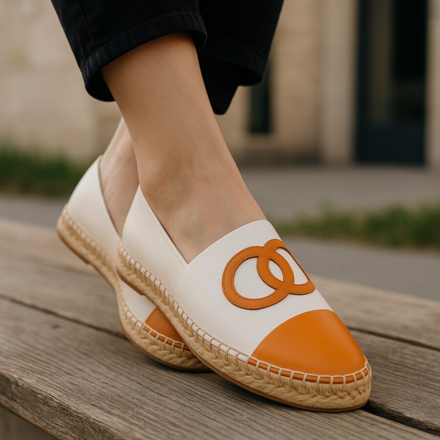Chaussures Femme, espadrilles simili cuir, logo anneaux, orange