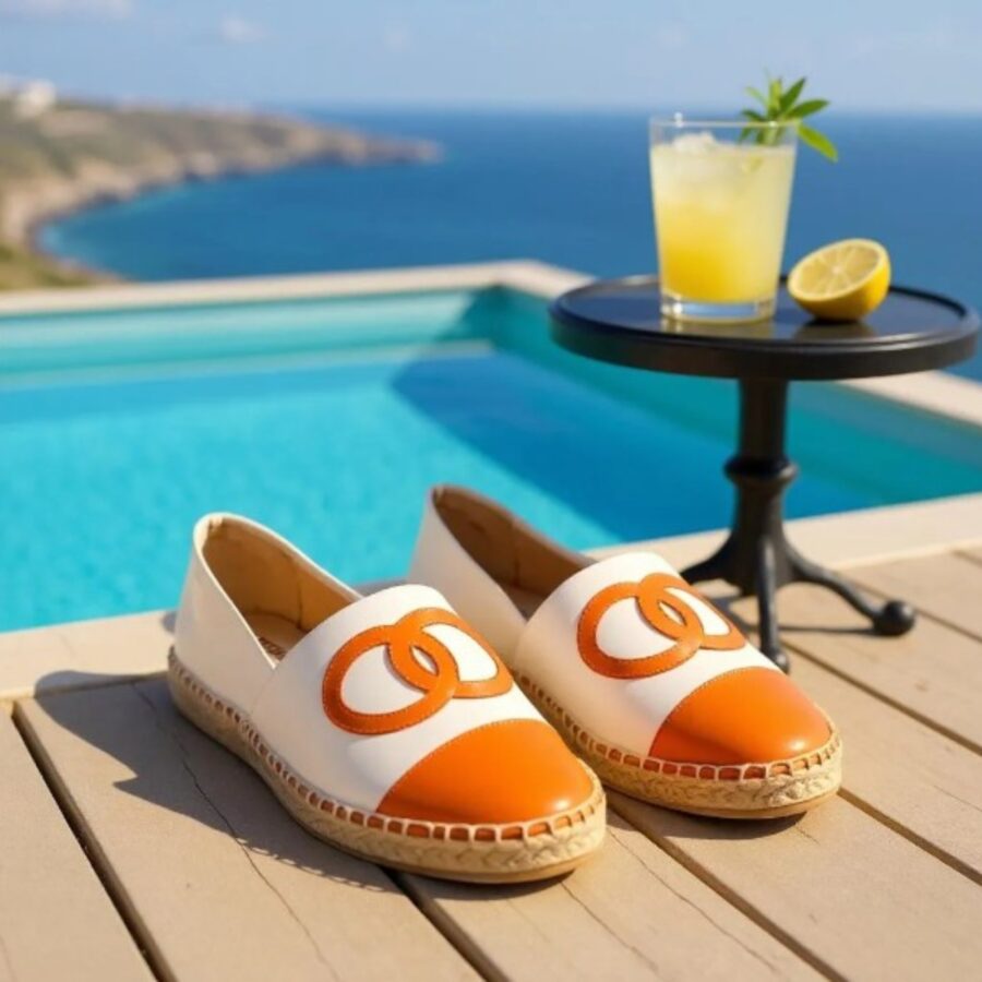 Chaussures Femme, espadrilles simili cuir, logo anneaux, orange