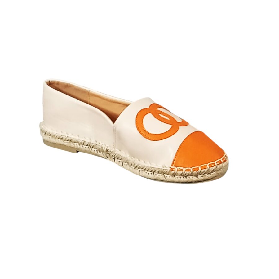 Chaussures Femme, espadrilles simili cuir, logo anneaux, orange