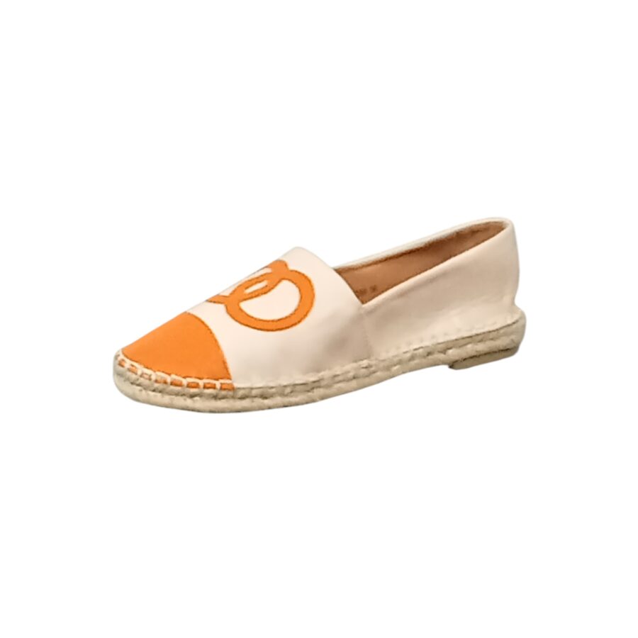 Chaussures Femme, espadrilles simili cuir, logo anneaux, orange