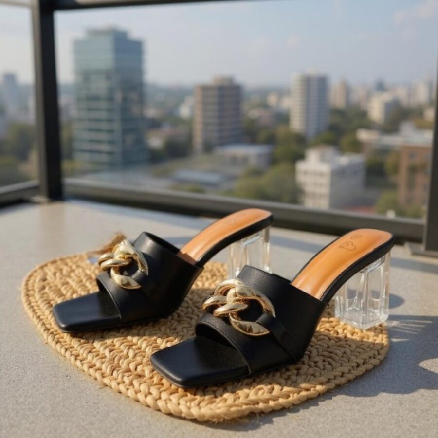 Chaussures Femme, Mules à lanières, chaîne dorée, talon transparent, noir