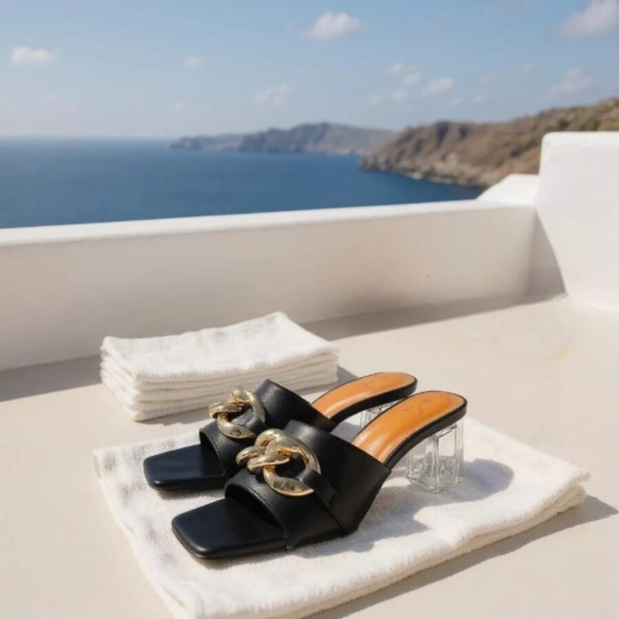 Chaussures Femme, Mules à lanières, chaîne dorée, talon transparent, noir