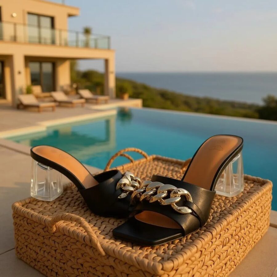 Chaussures Femme, Mules à lanières, chaîne dorée, talon transparent, noir