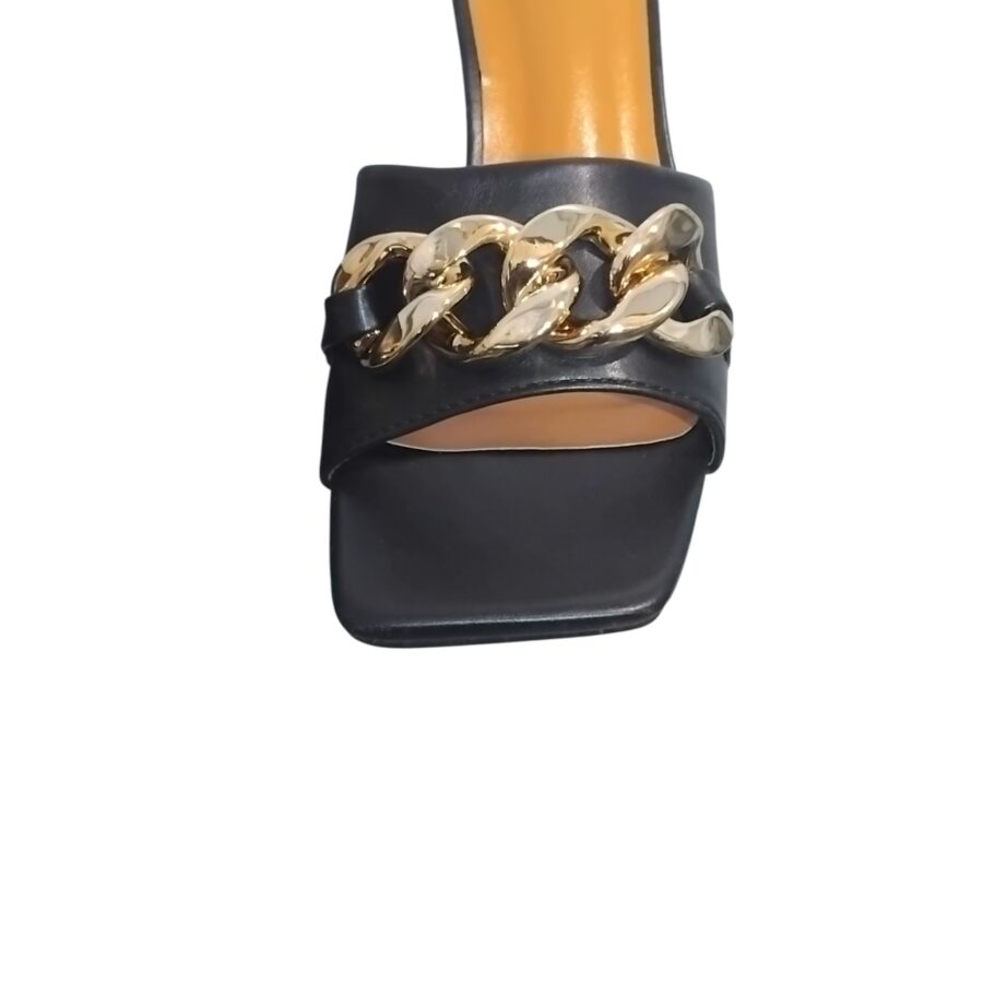 Chaussures Femme, Mules à lanières, chaîne dorée, talon transparent, noir
