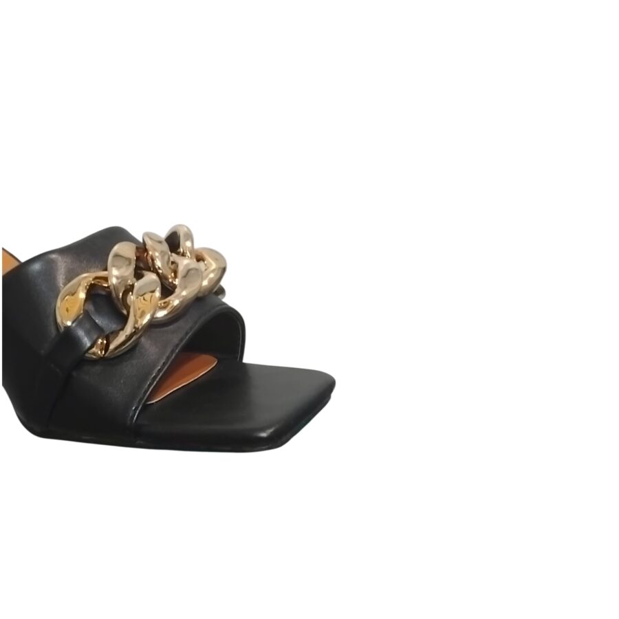 Chaussures Femme, Mules à lanières, chaîne dorée, talon transparent, noir