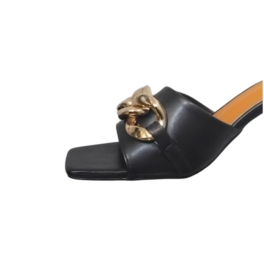 Chaussures Femme, Mules à lanières, chaîne dorée, talon transparent, noir
