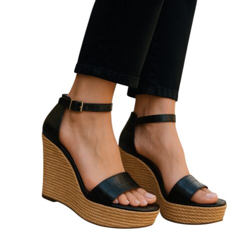 Chaussures Femme, Mules à talon compassé, lanières en simili cuir, noir